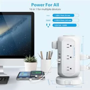 Tower Power Strip Flat Plug with 12 Outlets 4 USB(1 USB C),AOFO Surge Protector Charging Station with Overload Protection, Widely Spaced Multiple Outlets 10Ft Extension Cord for Home, Dorm,Office