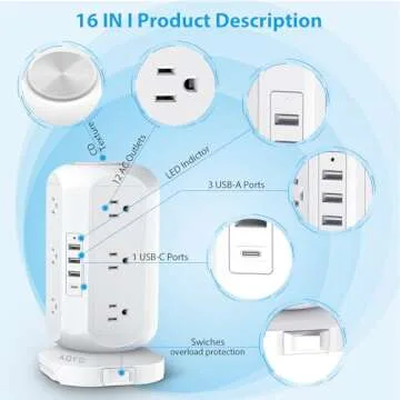 Tower Power Strip Flat Plug with 12 Outlets 4 USB(1 USB C),AOFO Surge Protector Charging Station with Overload Protection, Widely Spaced Multiple Outlets 10Ft Extension Cord for Home, Dorm,Office