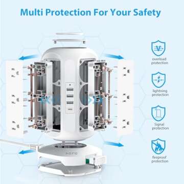 Tower Power Strip Flat Plug with 12 Outlets 4 USB(1 USB C),AOFO Surge Protector Charging Station with Overload Protection, Widely Spaced Multiple Outlets 10Ft Extension Cord for Home, Dorm,Office