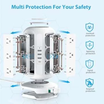 Tower Power Strip Flat Plug with 12 Outlets 4 USB(1 USB C),AOFO Surge Protector Charging Station with Overload Protection, Widely Spaced Multiple Outlets 10Ft Extension Cord for Home, Dorm,Office