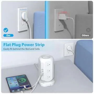 Tower Power Strip Flat Plug with 12 Outlets 4 USB(1 USB C),AOFO Surge Protector Charging Station with Overload Protection, Widely Spaced Multiple Outlets 10Ft Extension Cord for Home, Dorm,Office