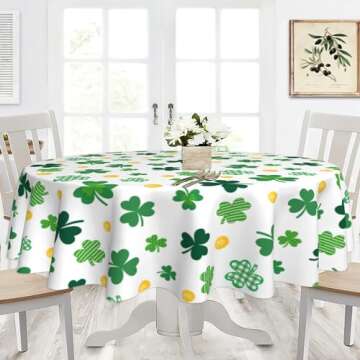 JIOAXI St. Patrick's Day Round Tablecloth 60 inch Watercolor Shamrock Washable Table Cover Holiday S...