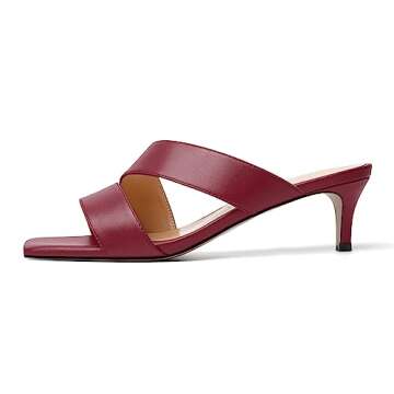 MODENCOCO Women's Chic Square Toe Kitten Heels - Burgundy Casual Sandals