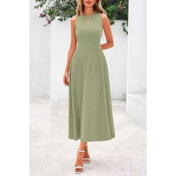 PRETTYGARDEN Spring Casual Dresses for Women 2025 Summer Business Work Midi Sleeveless A Line Pleated Cocktail Dress(Mist Green,Large)