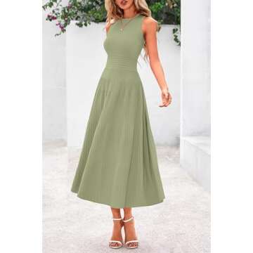 PRETTYGARDEN Spring Casual Dresses for Women 2025 Summer Business Work Midi Sleeveless A Line Pleated Cocktail Dress(Mist Green,Large)