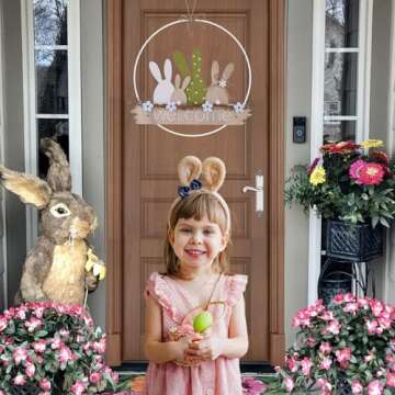 Easter Wreaths for Front Door Easter Bunny Welcome Rabbit Wood Sign Hanger Spring Door Decorations H...