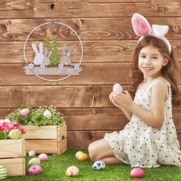 Easter Wreaths for Front Door Easter Bunny Welcome Rabbit Wood Sign Hanger Spring Door Decorations Hanging Plaque Rabbit Sign Decorations for Home Shop Garden