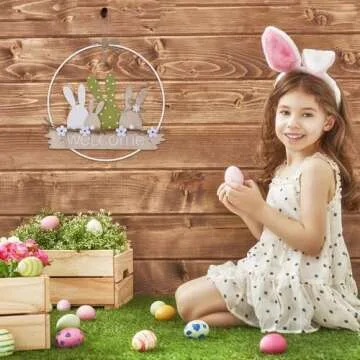 Easter Wreaths for Front Door Easter Bunny Welcome Rabbit Wood Sign Hanger Spring Door Decorations Hanging Plaque Rabbit Sign Decorations for Home Shop Garden
