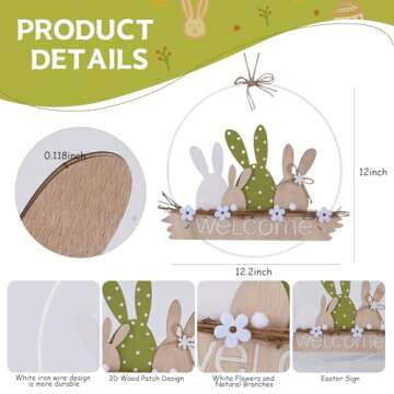 Easter Wreaths for Front Door Easter Bunny Welcome Rabbit Wood Sign Hanger Spring Door Decorations Hanging Plaque Rabbit Sign Decorations for Home Shop Garden