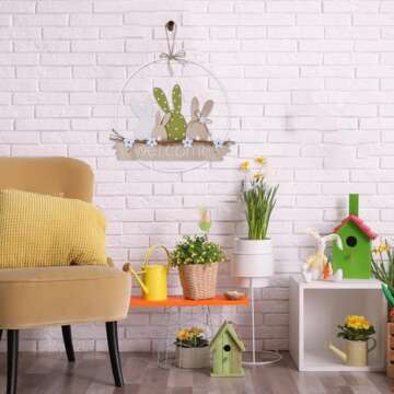 Easter Wreaths for Front Door Easter Bunny Welcome Rabbit Wood Sign Hanger Spring Door Decorations Hanging Plaque Rabbit Sign Decorations for Home Shop Garden