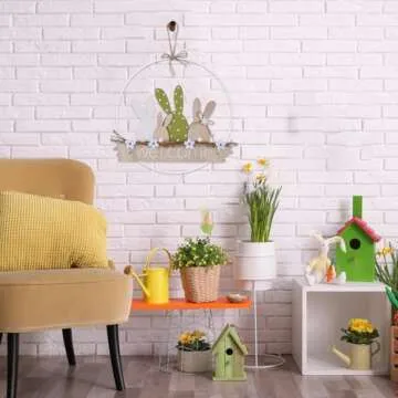 Easter Wreaths for Front Door Easter Bunny Welcome Rabbit Wood Sign Hanger Spring Door Decorations Hanging Plaque Rabbit Sign Decorations for Home Shop Garden