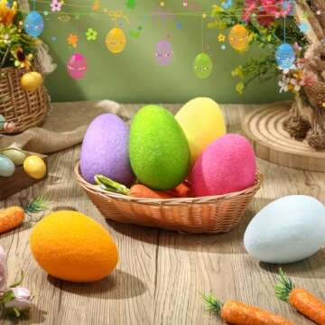 6 Pcs Large Easter Eggs Decoration 4'' Foam Easter Flocked Eggs for Table Centerpieces Home Office, Party Supplies Gifts for Friends