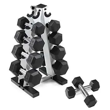 WF Athletic Supply 5-25Lb Rubber Coated Hex Dumbbell Set with A Frame Storage Rack Non-Slip Hex Shape for Muscle Toning, Strength Building & Weight Loss - Multiple Choices Available