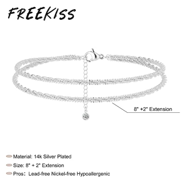 Freekiss Ankle Bracelets for Women, 925 Sterling Silver Ankle Bracelets for Women Layered Waterproof Sparkle Glitter Chain Anklets Cute Dainty Adjustable Stacked Anklet Set Foot Jewelry Gifts