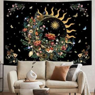Racunbula Floral Plants Tapestry Sun and Moon Tapestry Retro Botanical Flowers Butterfly Tapestry Bl...