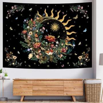 Racunbula Floral Plants Tapestry Sun and Moon Tapestry Retro Botanical Flowers Butterfly Tapestry Black Starry Sky Wall Tapestry Vintage Boho Aesthetic Tapestry Wall Hanging for Bedroom