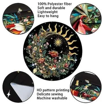 Racunbula Floral Plants Tapestry Sun and Moon Tapestry Retro Botanical Flowers Butterfly Tapestry Black Starry Sky Wall Tapestry Vintage Boho Aesthetic Tapestry Wall Hanging for Bedroom