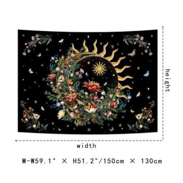 Racunbula Floral Plants Tapestry Sun and Moon Tapestry Retro Botanical Flowers Butterfly Tapestry Black Starry Sky Wall Tapestry Vintage Boho Aesthetic Tapestry Wall Hanging for Bedroom