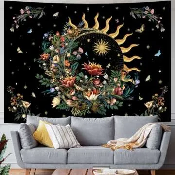 Racunbula Floral Plants Tapestry Sun and Moon Tapestry Retro Botanical Flowers Butterfly Tapestry Black Starry Sky Wall Tapestry Vintage Boho Aesthetic Tapestry Wall Hanging for Bedroom