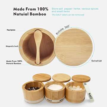ThougrLyh Salt Box Bamboo Salt Container with Swivel Lid with Magnetic to Easily Open and Seal Salt Cellar With Spoon for Storing Salt Pepper Sugar Herbs Small Spice Box