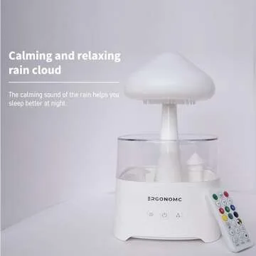 Rain Cloud Humidifier Water Drip, 2X Cool Mist Rate Ultrasonic Aromatherapy Diffuser by Ergonomc: Remote Controlled, 7 Color Night Light, 450ml, Auto Shut Off, Mushroom Humidifier, 1Yr Warranty