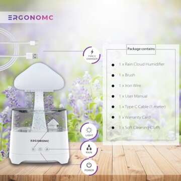 Rain Cloud Humidifier Water Drip, 2X Cool Mist Rate Ultrasonic Aromatherapy Diffuser by Ergonomc: Remote Controlled, 7 Color Night Light, 450ml, Auto Shut Off, Mushroom Humidifier, 1Yr Warranty