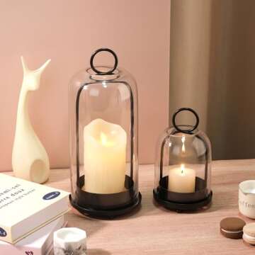 Metal Candle Holder with Glass Dome for Pillar Candle in Set of 2 in Brass Finish