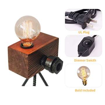 Looxury Real Wood Table Lamp Industrial Edison Bulb - Creative Camera Shape Unique Style - Vintage Decor Camera - Free Bulb Included