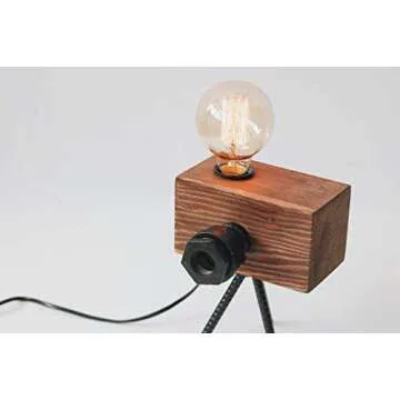 Looxury Real Wood Table Lamp Industrial Edison Bulb - Creative Camera Shape Unique Style - Vintage Decor Camera - Free Bulb Included