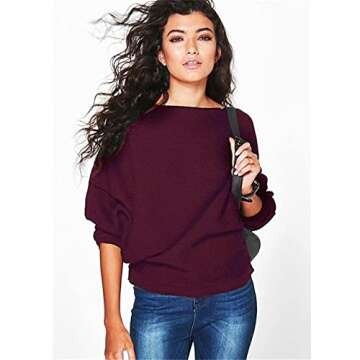 GloryMM Women's Batwing Sleeves Knitted Sweaters Boat Neck Long Sleeve Pullovers Tops for Women Loose Pullover Jumper Tops,Red Wine,M