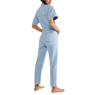 Free People Marci Jumpsuit for Women - Classic Spread Collar with Short Sleeves and Elasticized Waistband, Versatile and Gorgeous Jumpsuit Clear Skies SM (Women's 4-6) One Size