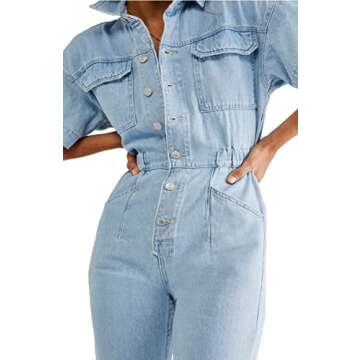 Free People Marci Jumpsuit for Women - Classic Spread Collar with Short Sleeves and Elasticized Waistband, Versatile and Gorgeous Jumpsuit Clear Skies SM (Women's 4-6) One Size
