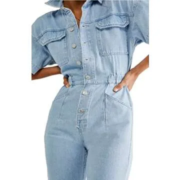Free People Marci Jumpsuit for Women - Classic Spread Collar with Short Sleeves and Elasticized Waistband, Versatile and Gorgeous Jumpsuit Clear Skies SM (Women's 4-6) One Size