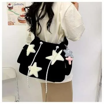 Corduroy Crossbody Bag for Women Y2k Aesthetic Star Patches Messenger Bag Cute Shoulder Tote Bag with Kawaii Pendant (Black,One Size)