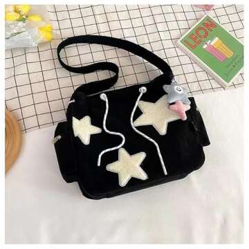 Corduroy Crossbody Bag for Women Y2k Aesthetic Star Patches Messenger Bag Cute Shoulder Tote Bag with Kawaii Pendant (Black,One Size)