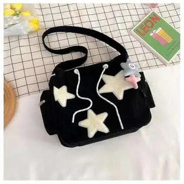 Corduroy Crossbody Bag for Women Y2k Aesthetic Star Patches Messenger Bag Cute Shoulder Tote Bag with Kawaii Pendant (Black,One Size)