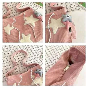 Corduroy Crossbody Bag for Women Y2k Aesthetic Star Patches Messenger Bag Cute Shoulder Tote Bag with Kawaii Pendant (Black,One Size)