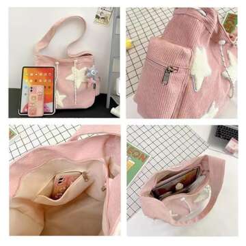 Corduroy Crossbody Bag for Women Y2k Aesthetic Star Patches Messenger Bag Cute Shoulder Tote Bag with Kawaii Pendant (Black,One Size)