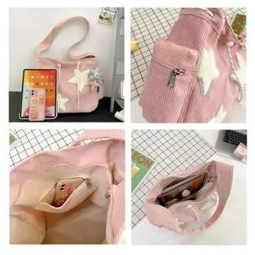 Corduroy Crossbody Bag for Women Y2k Aesthetic Star Patches Messenger Bag Cute Shoulder Tote Bag with Kawaii Pendant (Black,One Size)
