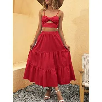 ANRABESS Women’s Summer Boho Flowy Swing Tiered A-Line Midi Skirt 2025 Fashion Trendy Elastic Waist Pleated Long Beach Dress with Pockets Red Medium