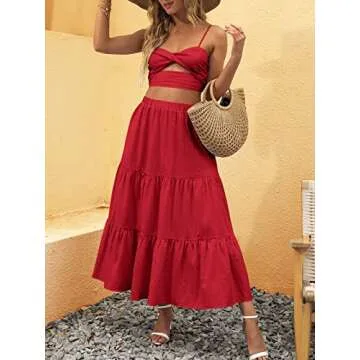 ANRABESS Women’s Summer Boho Flowy Swing Tiered A-Line Midi Skirt 2025 Fashion Trendy Elastic Waist Pleated Long Beach Dress with Pockets Red Medium