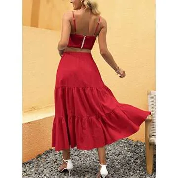 ANRABESS Women’s Summer Boho Flowy Swing Tiered A-Line Midi Skirt 2025 Fashion Trendy Elastic Waist Pleated Long Beach Dress with Pockets Red Medium