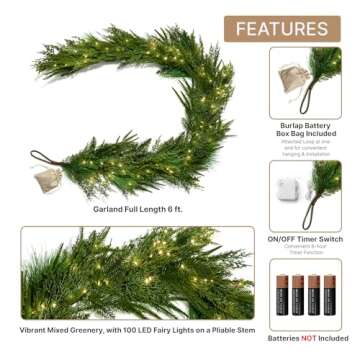 LampLust 6ft Prelit Mantle Garland with Timer and Lights
