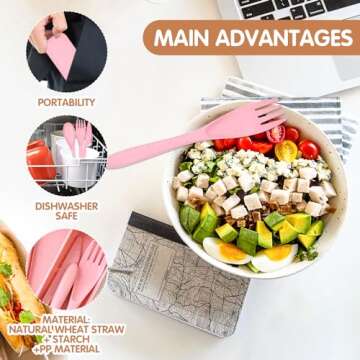 1 PCS Reusable Utensils Set with Case, Camping Utensils Plastic Spoons and Forks Sets for Lunch Box Accessories, Portable Cutlery Set for Kids Adults Travel Picnic Office Lunch Daily Use(Pink)