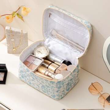 HBselect Quilted Makeup Bag - Cute Floral Travel Cosmetic Bag for Women