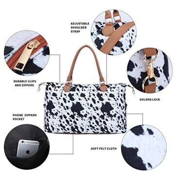 Cow Print Weekender Bag Cow Print Duffle Bag with Shouler Strap Cow Print Overnight Bags for Women W...