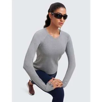 CRZ YOGA Womens Seamless Workout Long Sleeve Shirts Quick Dry Gym Athletic Tops Breathable Running Yoga T-Shirts Slate Grey Marl Small