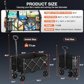 Nadonli Foldable Wagon with Wheels, Portable Heavy Duty Collapsible Beach Cart - Large Capacity Utility Wagon for Shopping, Sports, Camping，Garden，Grocery - Black