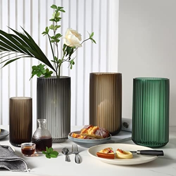 Dinyeo Large Ribbed Brown Glass Flower Vase for Decor