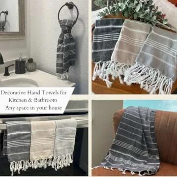 MyAprils Turkish Hand Towel Kitchen Towels 100% Cotton Black Hand Towels Set of 2 Decorative Bathroom Towels for Hand Face Hair Quick Drying Tea Towels Dish Towel with Hanging Loop - Black